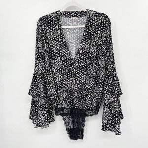 Intimately Free People Ditsy Floral Bodysuit Bell Sleeve Black White Size XS New